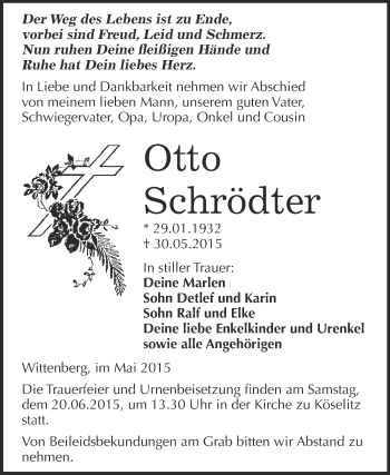 Traueranzeige von Otto Schrödter von WVG - Wochenspiegel Wittenberg