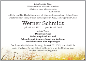 Traueranzeige von Werner Schmidt von Mitteldeutsche Zeitung Halle/Saalkreis
