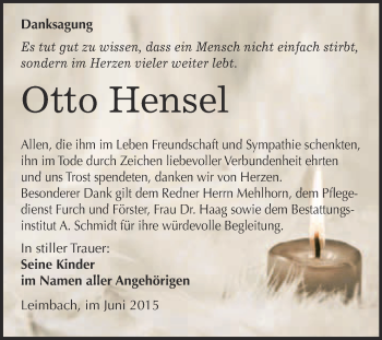 Traueranzeige von Otto Hensel von WVG - Wochenspiegel NMB / WSF / ZTZ