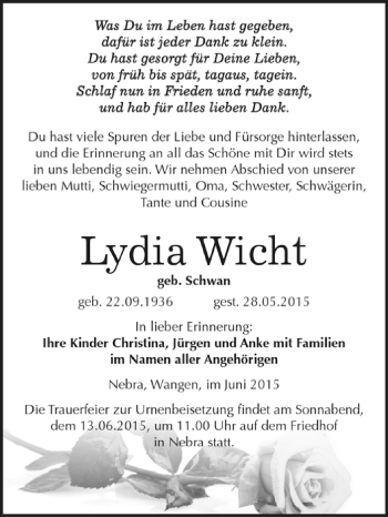Traueranzeige von Lydia Wicht von WVG - Wochenspiegel NMB / WSF / ZTZ