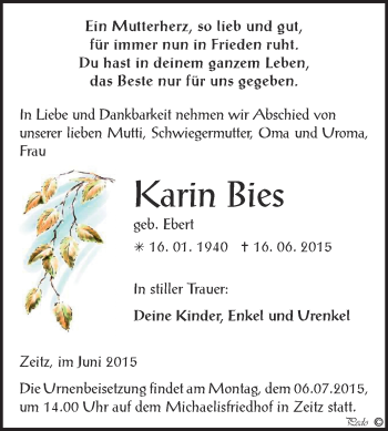 Traueranzeige von Karin Bies von Super Sonntag Zeitz