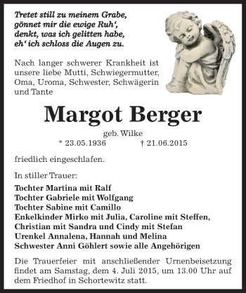 Traueranzeige von Margot Berger von Mitteldeutsche Zeitung Köthen