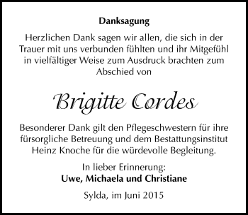 Traueranzeige von Brigitte Cordes von Mitteldeutsche Zeitung Mansfelder Land