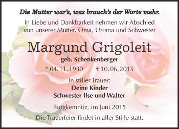 Traueranzeige von Margund Grigoleit von WVG - Wochenspiegel Bitterfeld