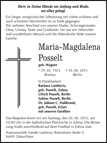 Traueranzeige von Maria-Magdalena Posselt von WVG - Wochenspiegel Wittenberg