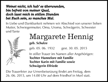 Traueranzeige von Margarete Hennig von Mitteldeutsche Zeitung Halle/Saalkreis