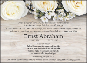 Traueranzeige von Ernst Abraham von WVG - Wochenspiegel Wittenberg