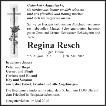 Traueranzeige von Regina Resch von WVG - Wochenspiegel Bernburg