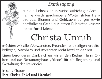 Traueranzeige von Christa Unruh von WVG - Wochenspiegel Dessau / Köthen