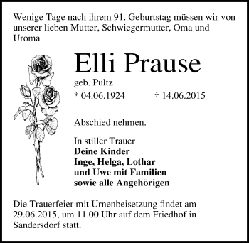 Traueranzeige von Elli Prause von Mitteldeutsche Zeitung Bitterfeld