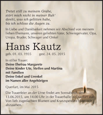 Traueranzeige von Hans Kautz von WVG - Wochenspiegel Merseburg