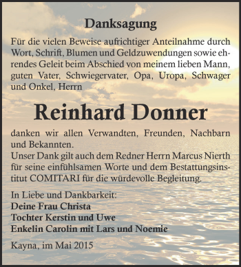 Traueranzeige von Reinhard Donner von Super Sonntag Zeitz