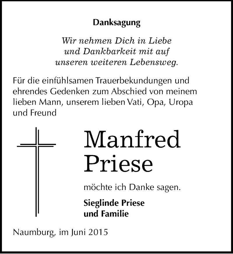  Traueranzeige für Manfred Priese vom 17.06.2015 aus Mitteldeutsche Zeitung Naumburg/Nebra
