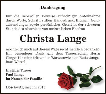 Traueranzeige von Christa Lange von Super Sonntag Zeitz