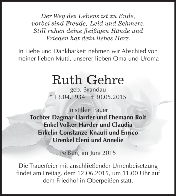 Traueranzeige von Ruth Gehre von Super Sonntag Bernburg