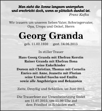 Traueranzeige von Georg Granda von Mitteldeutsche Zeitung Zeitz
