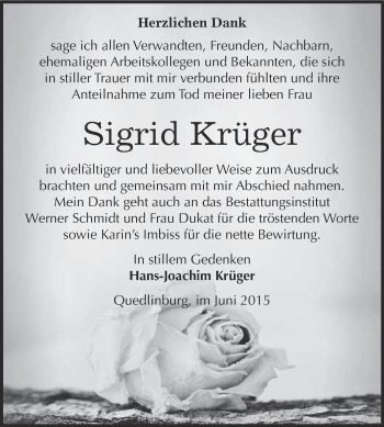 Traueranzeige von Sigrid Krüger von WVG - Wochenspiegel Quedlinburg