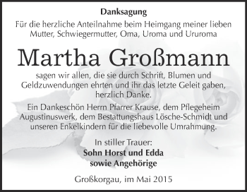 Traueranzeige von Martha Großmann von WVG - Wochenspiegel Wittenberg