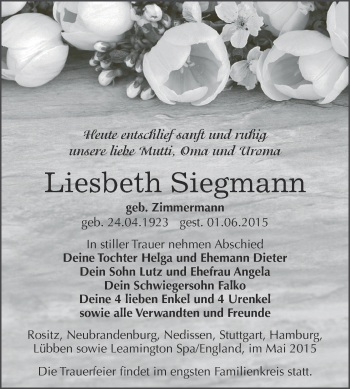 Traueranzeige von Liesbeth Siegmann von Super Sonntag Zeitz