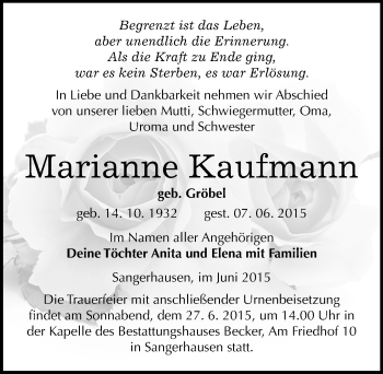 Traueranzeige von Marianne Kaufmann von Mitteldeutsche Zeitung Sangerhausen