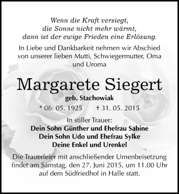 Traueranzeige von Margarete Siegert von Mitteldeutsche Zeitung