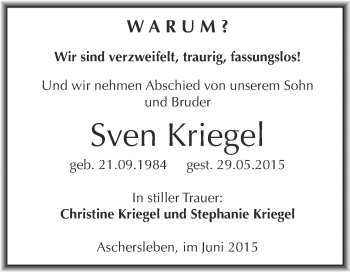 Traueranzeige von Sven Kriegel von Super Sonntag Aschersleben