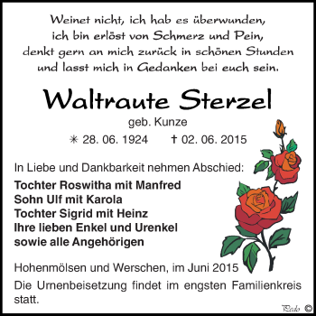 Traueranzeige von Waltraute Sterzel von WVG - Wochenspiegel NMB / WSF / ZTZ