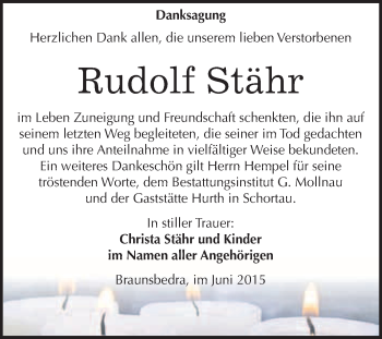 Traueranzeige von Rudolf Stähr von WVG - Wochenspiegel Merseburg