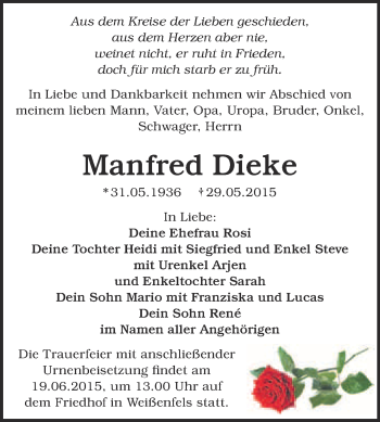 Traueranzeige von Manfred Dieke von WVG - Wochenspiegel NMB / WSF / ZTZ