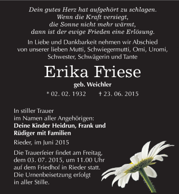 Traueranzeige von Erika Friese von Mitteldeutsche Zeitung Quedlinburg