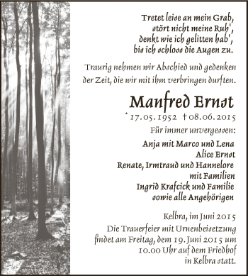 Traueranzeige von Manfred Ernst von Super Sonntag SGH Mansf. Land