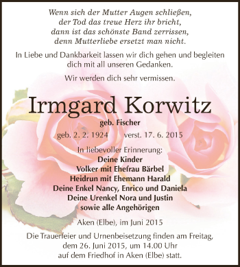 Traueranzeige von Irmgard Korwitz von WVG - Wochenspiegel Dessau / Köthen