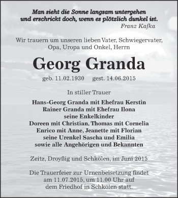 Traueranzeige von Georg Granda von Super Sonntag Zeitz
