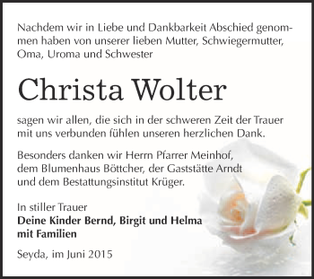 Traueranzeige von Christa Wolter von WVG - Wochenspiegel Wittenberg