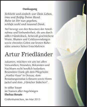 Traueranzeige von Artur Friedländer von WVG - Wochenspiegel Wittenberg