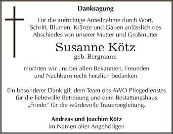 Traueranzeige von Susanne Kötz von WVG - Wochenspiegel Dessau / Köthen
