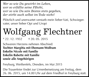 Traueranzeige von Wolfgang Flechtner von Mitteldeutsche Zeitung Naumburg/Nebra