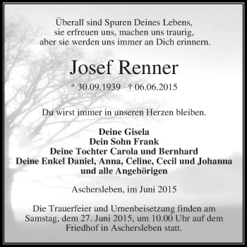 Traueranzeige von Josef Renner von Super Sonntag Aschersleben