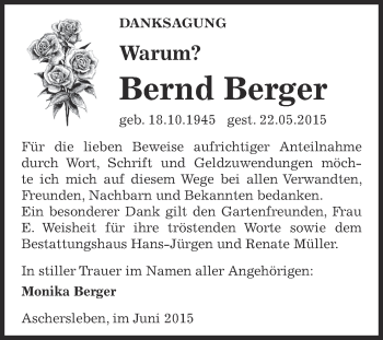 Traueranzeige von Bernd Berger von Super Sonntag Aschersleben