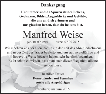Traueranzeige von Manfred Weise von Super Sonntag Bernburg