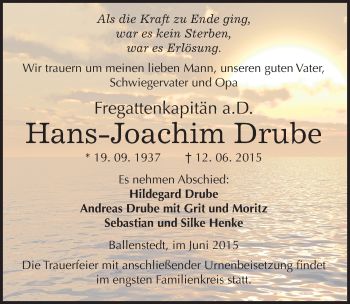 Traueranzeige von Hans-Joachim Drube von Mitteldeutsche Zeitung Quedlinburg