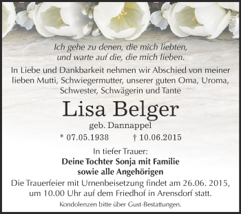 Traueranzeige von Lisa Belger von WVG - Wochenspiegel Dessau / Köthen
