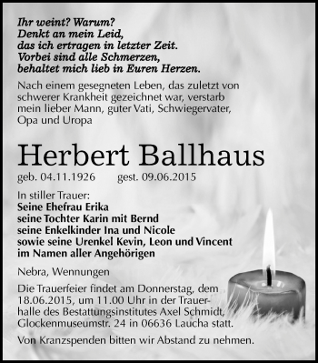 Traueranzeige von Herbert Ballhaus von Mitteldeutsche Zeitung Naumburg/Nebra