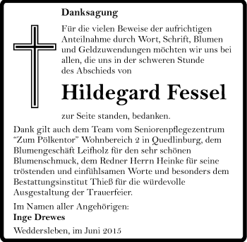 Traueranzeige von Hildegard Fessel von Mitteldeutsche Zeitung Quedlinburg