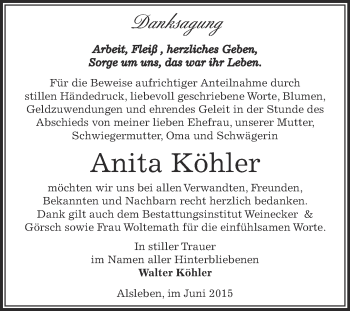 Traueranzeige von Anita Köhler von Super Sonntag Bernburg