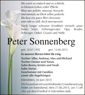 Traueranzeige von Peter Sonnenberg von Super Sonntag SGH Mansf. Land