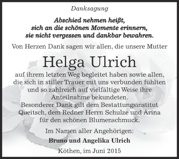 Traueranzeige von Helga Ulrich von WVG - Wochenspiegel Dessau / Köthen