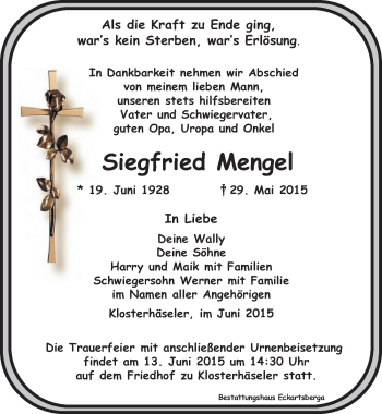 Traueranzeige von Siegfried Mengel von Mitteldeutsche Zeitung Naumburg/Nebra