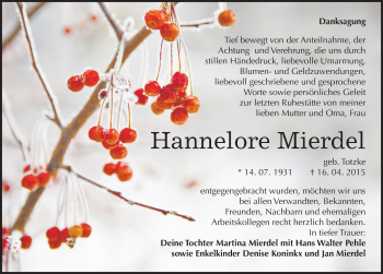 Traueranzeige von Hannelore Mierdel von Mitteldeutsche Zeitung Weißenfels