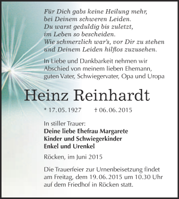Traueranzeige von Heinz Reinhardt von Super Sonntag Merseburg